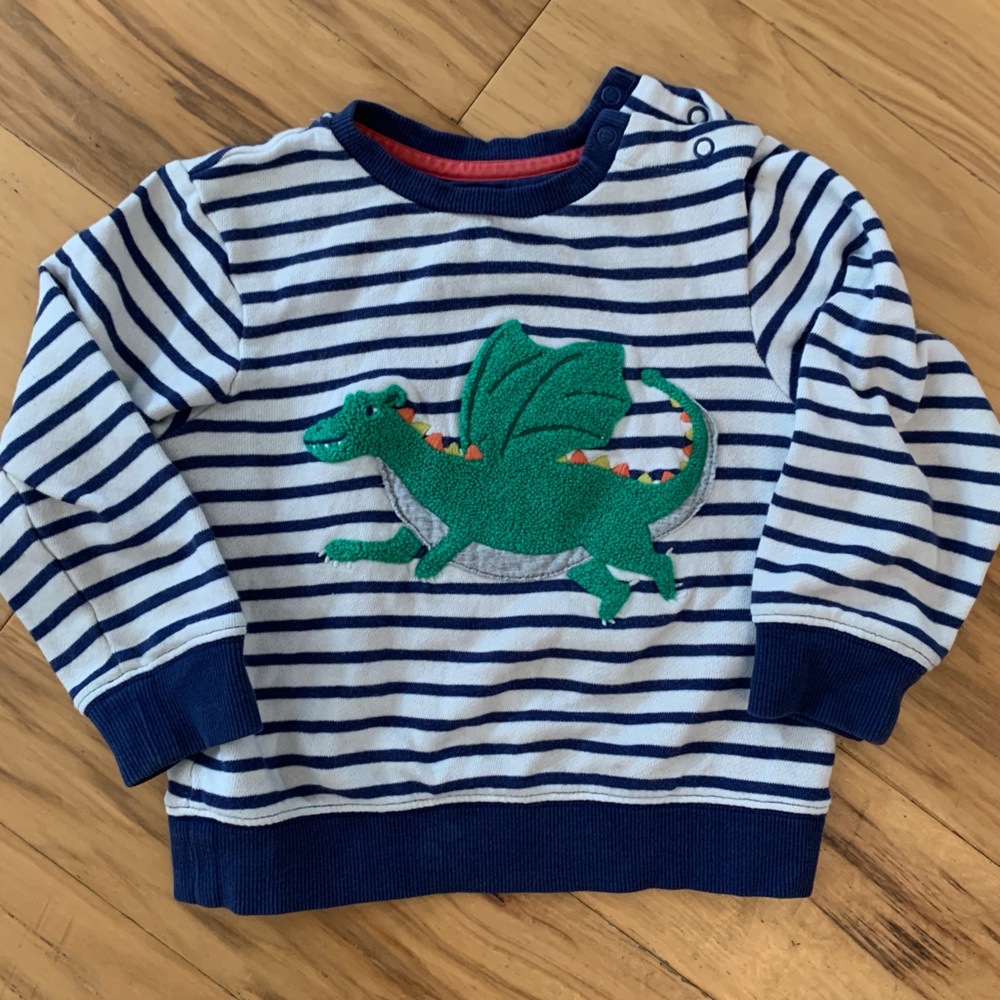 Baby Boden Striped Sweater with Fuzzy Dragon 2-3T